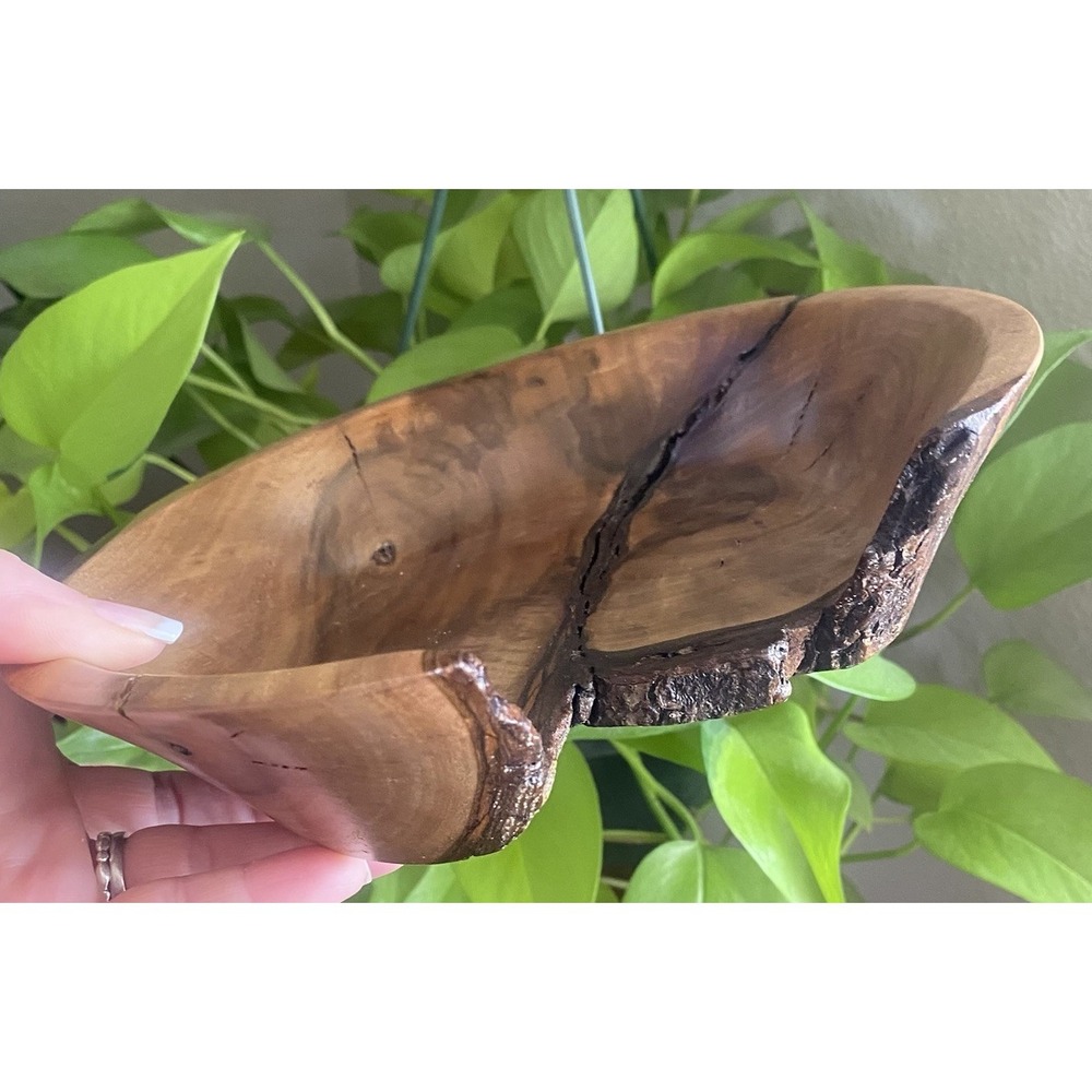 Hand Turned Wooden Bowl Artisan Handmade Live Edge Wood Key Coin Tray Rustic Art